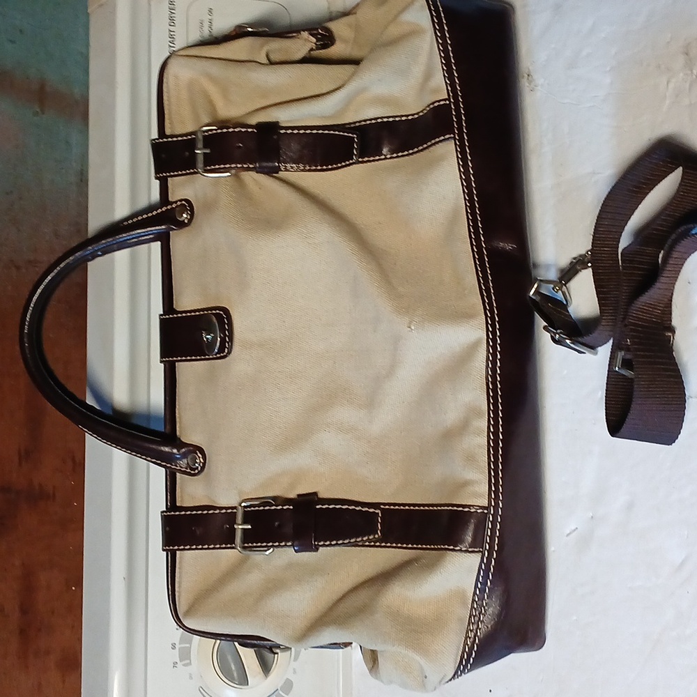 LEVENGER Canvas LEATHER Trim TOTE BAG PURSE BROWN & Tan - Picture 4 of 10